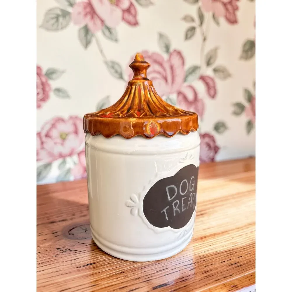 Home Essentials Dog Treat Jar Ceramic Canister Bronze Lid Chalkboard 9